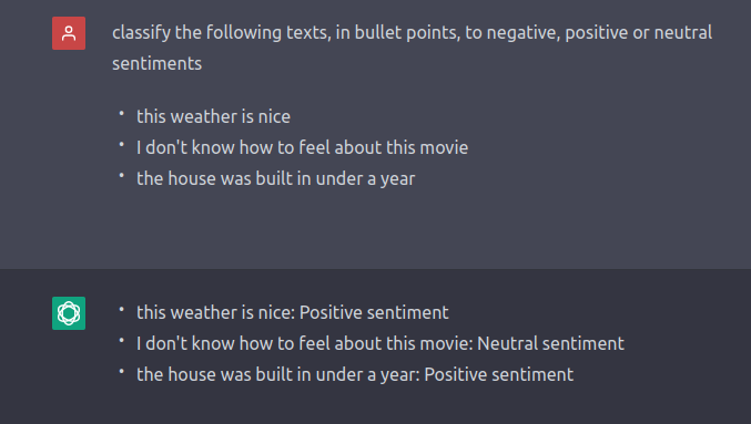 Screenshot: GPT sentiment analysis task